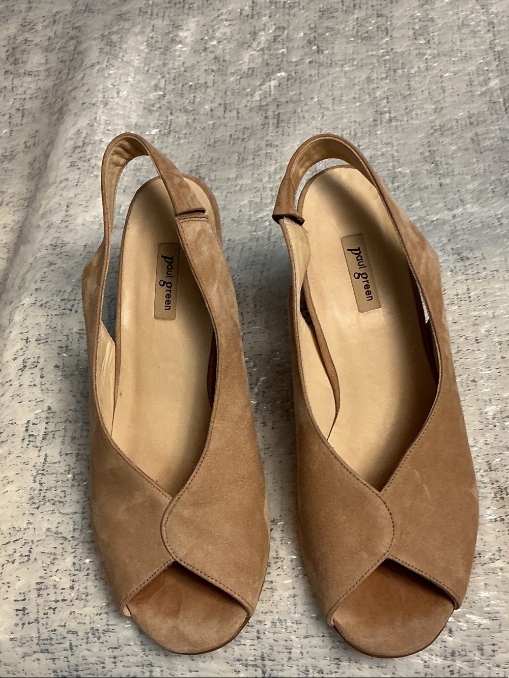 Paul Green Tan Suede Peep-Toe Slingback Wedges